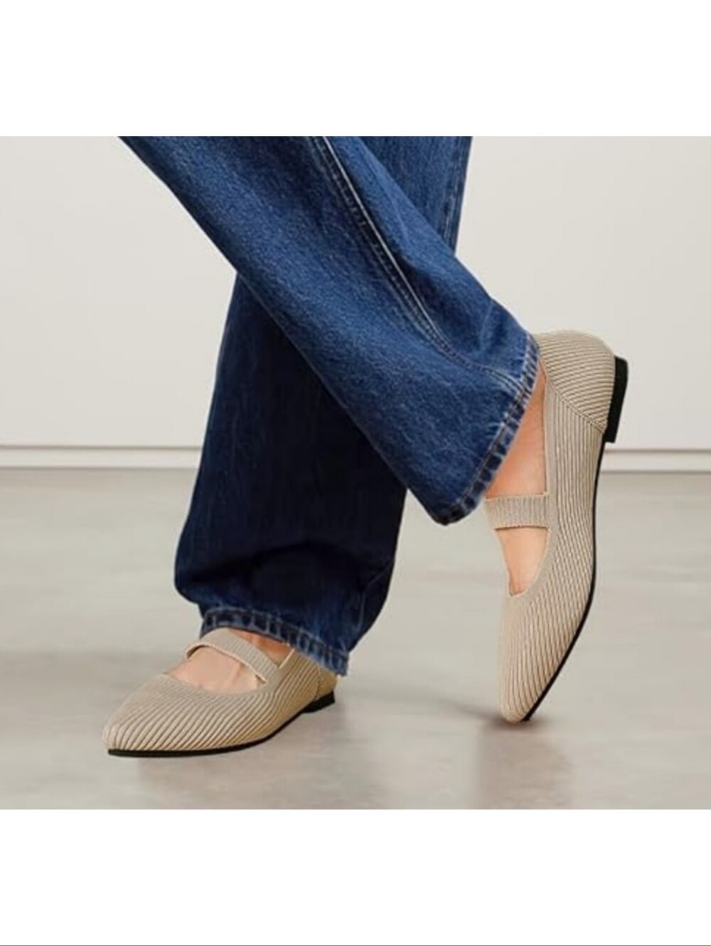 Tingrise Pointed Toe Mary Jane Knit Flats Beige Size 11